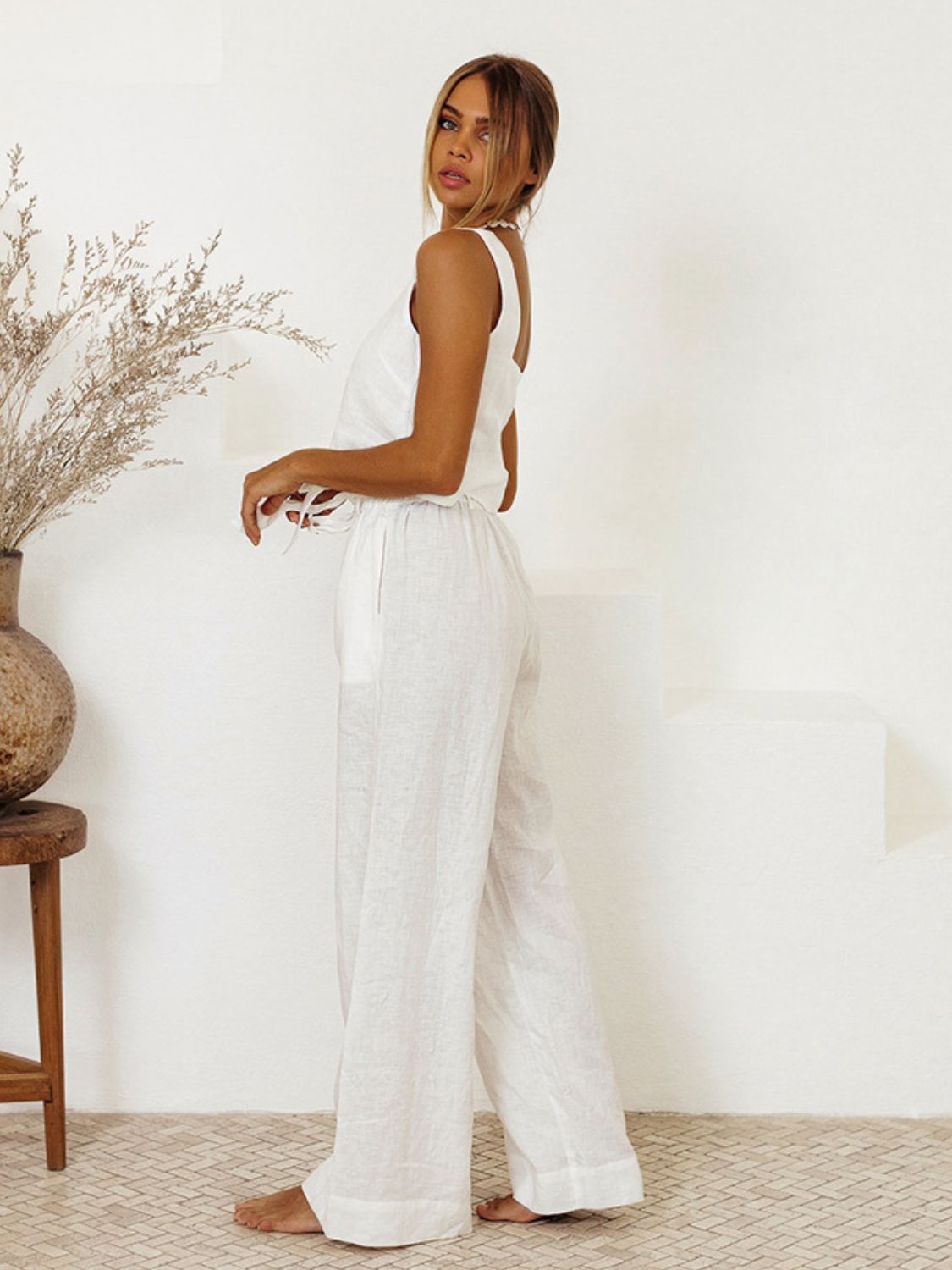 White linen square neck tank top and wide leg pants set with tie detail