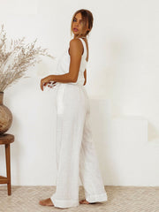 White linen square neck tank top and wide leg pants set with tie detail