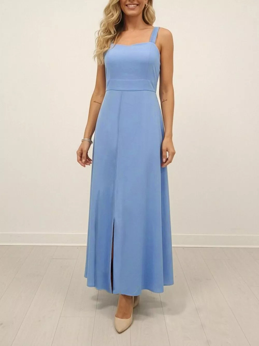 Blue wide strap maxi dress with slit and square neckline