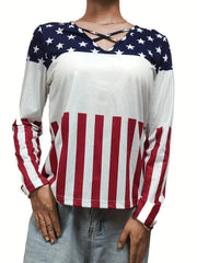 Long sleeve top with crisscross neckline and American flag print.