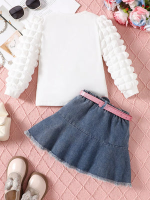 Children S Letter Long Sleeve Top And Denim in White, back view