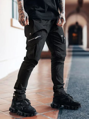 Black zip pocket slim cargo trousers with multiple functional pockets and a casual fit.