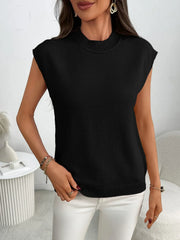 Black ribbed knit sleeveless mock neck top with a relaxed fit.