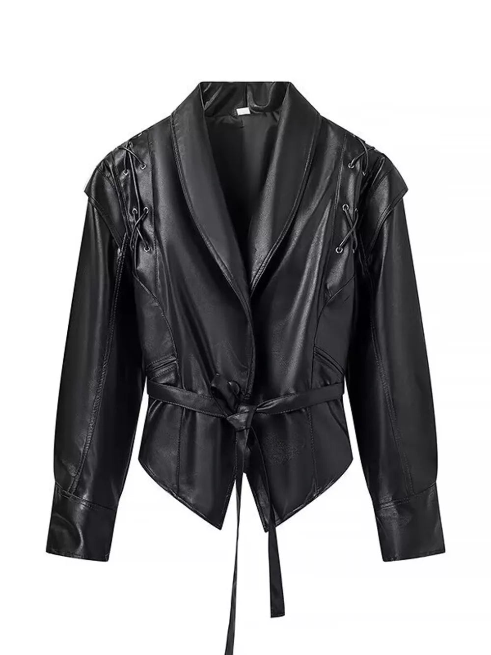 Belted Leather Jacket With Shawl Collar in Dark Brown, view 11