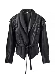 Belted Leather Jacket With Shawl Collar in Dark Brown, view 11