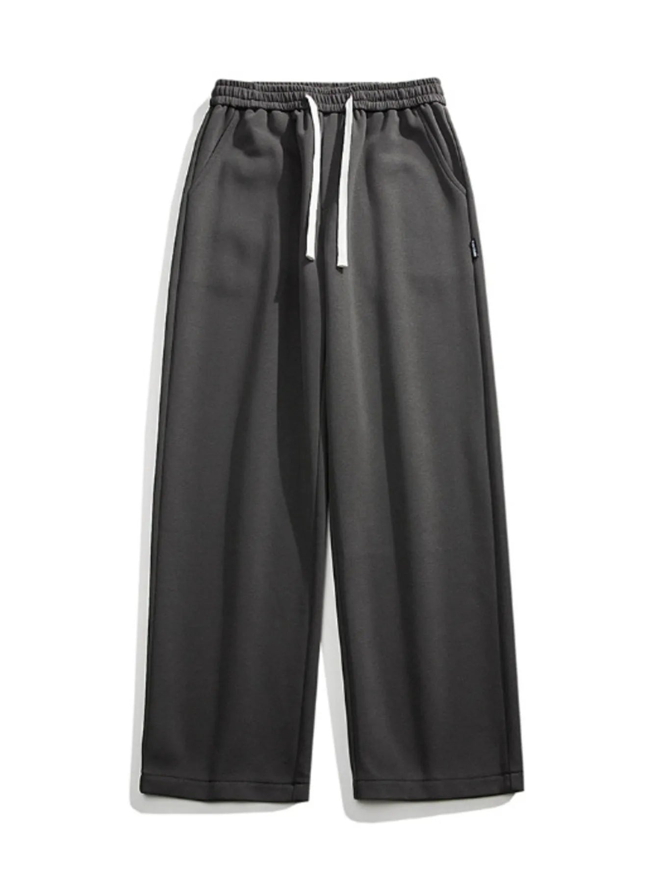 Dark gray casual loose fit sweatpants with white drawstring and pockets.