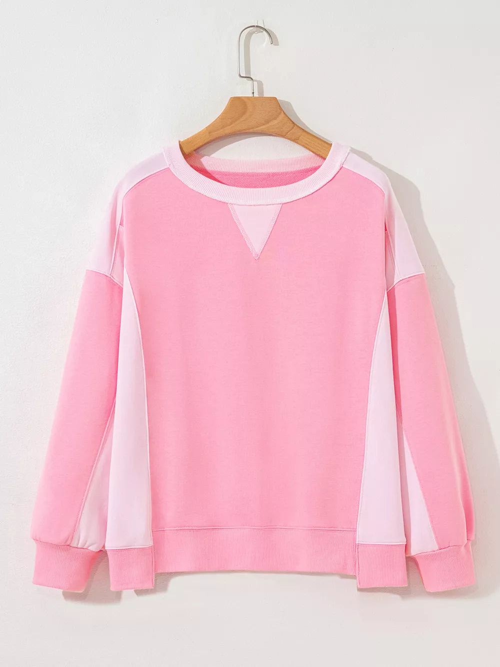 2-tone Color Block Patchwork Sweatshirt in Pink, close-up detail
