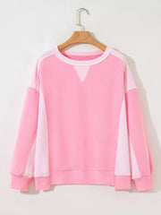 2-tone Color Block Patchwork Sweatshirt in Pink, close-up detail