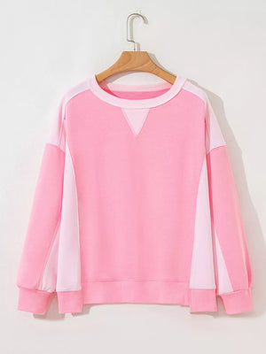 2-tone Color Block Patchwork Sweatshirt in Pink, close-up detail