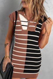 Colorblock ribbed mini dress with zip-neck and short sleeves in beige, black, and white stripes.