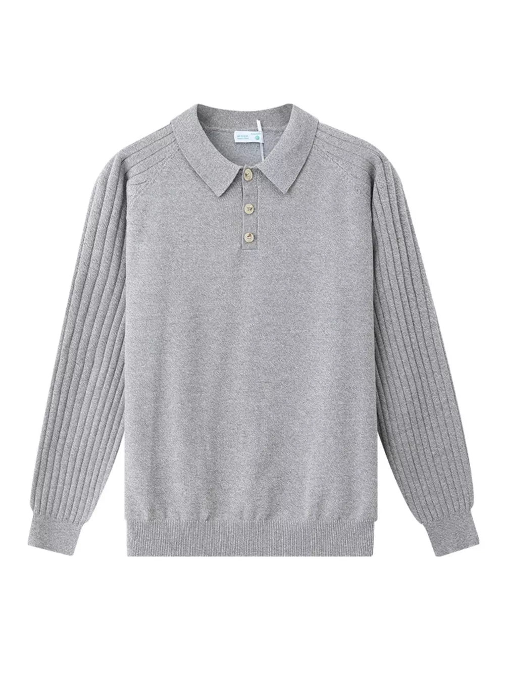 Light gray cotton knit polo shirt with ribbed sleeves and button placket.