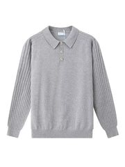 Light gray cotton knit polo shirt with ribbed sleeves and button placket.