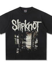 Men's black distressed graphic t-shirt with crew neck and distressed Slipknot graphic.