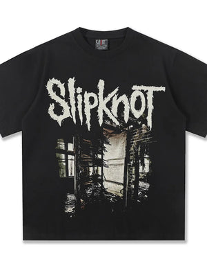 Men's black distressed graphic t-shirt with crew neck and distressed Slipknot graphic.