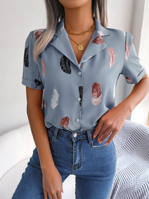 Light blue feather print collared puff sleeve blouse with button front