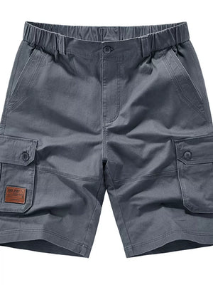 Dark gray cargo chino shorts with elastic waist, button fly, and flap pockets.