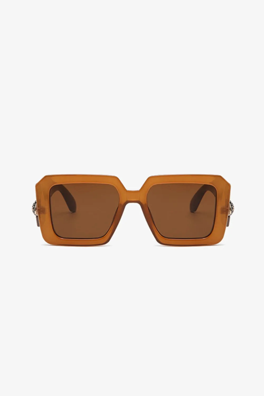 Geometric facet sunglasses in brown with embellished temples and brown lenses.