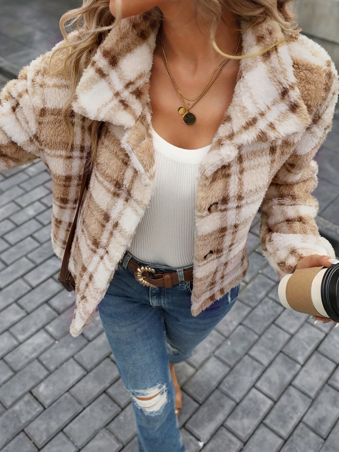 Camel plaid teddy cropped jacket with button closure and lapel collar.