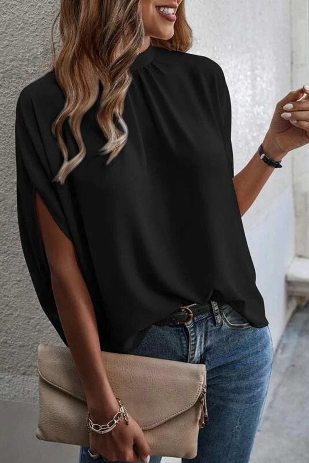 Black drape sleeve blouse with keyhole back and split sleeves