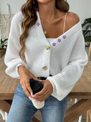 White balloon sleeve cardigan with floral embroidery and button front