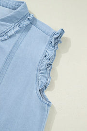 Light blue denim shift dress with ruffled collar and cap sleeves.
