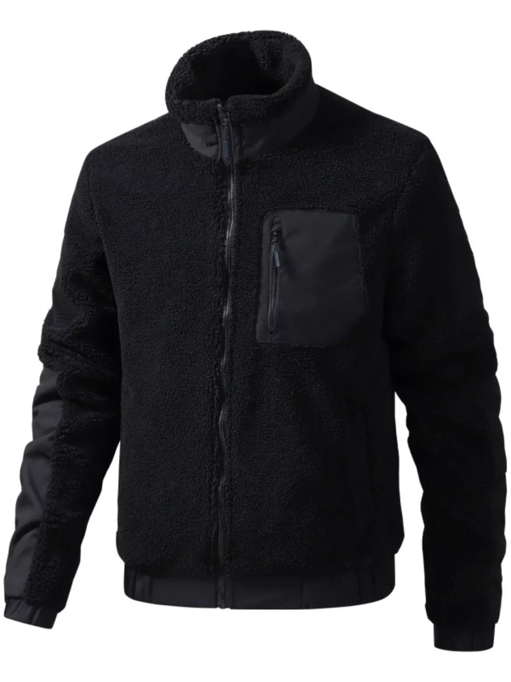 Black sherpa fleece zip-up jacket with contrast nylon chest pocket and sleeves.