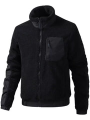 Black sherpa fleece zip-up jacket with contrast nylon chest pocket and sleeves.