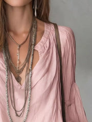 Notched Balloon Sleeve Blouse in Black, product detail