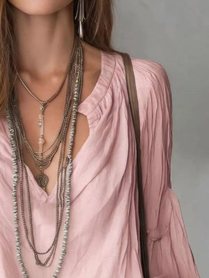 Notched Balloon Sleeve Blouse in Black, product detail