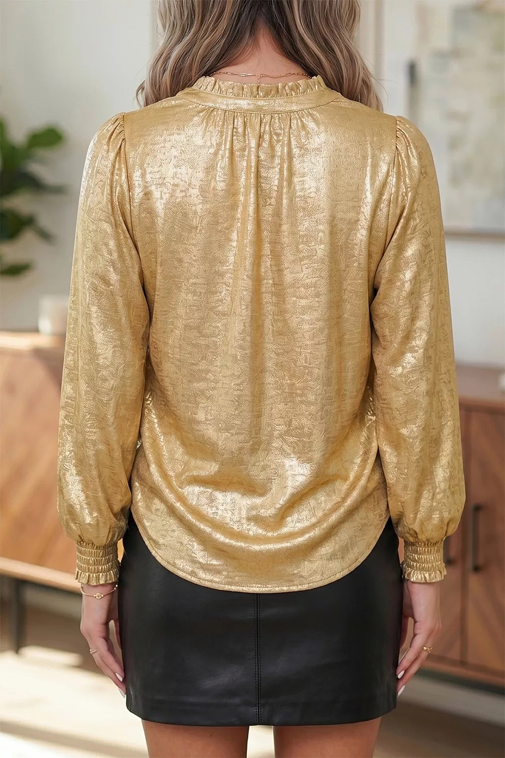 Metallic Sheen V Neck Gathered Cuff Blouse, side view