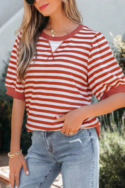 Bold stripe maternity t-shirt with puff sleeves and crew neck in polyester.
