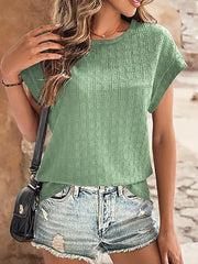 Textured Round Neck Short Sleeve Top in Malachite Green, view 17