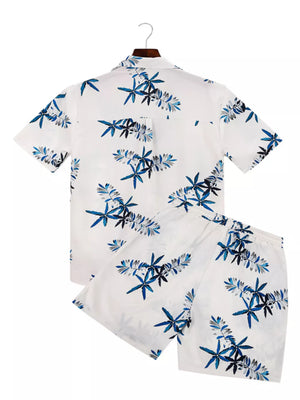 Men's Tropical Print Short Sleeve Shirt And Shorts Set in White, side view