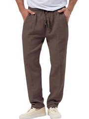 Textured drawstring linen blend trousers in dark gray with an adjustable waist.