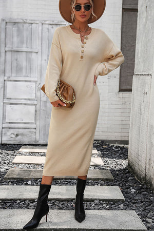 Beige textured knit henley midi dress with button detail and long sleeves.