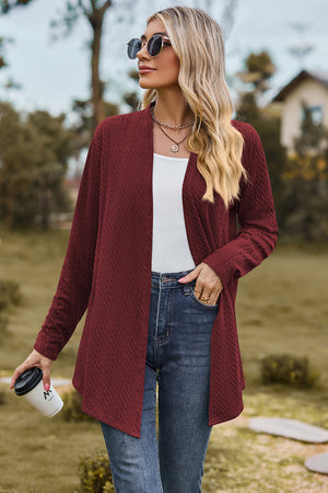 Burgundy textured open-front drape cardigan with long sleeves and an open neckline.