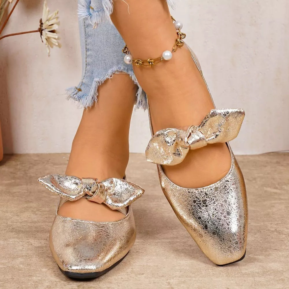 Gold square toe slip-on flats with bow detail