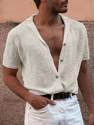 Textured knit resort shirt in ivory with short sleeves and button front.