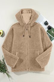 Sherpa hooded jacket in khaki with contrast lining and zip closure.