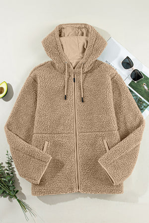 Sherpa hooded jacket in khaki with contrast lining and zip closure.