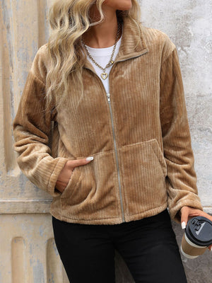 Plush camel corduroy zip-up jacket with collared neckline and crochet detail.