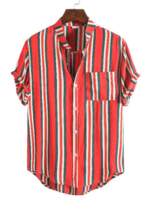 Men's Plus Size Striped Button Up Short Sleeve Shirt in Navy, back view