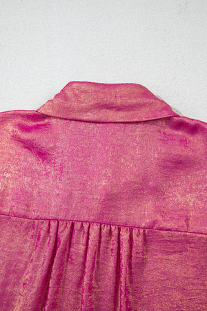 Metallic finish oversized button-down blouse in dusty pink with a gathered yoke detail.