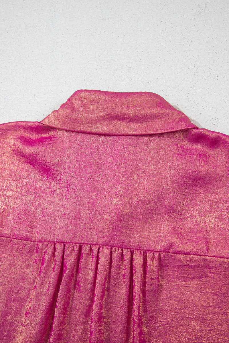 Metallic finish oversized button-down blouse in dusty pink with a gathered yoke detail.