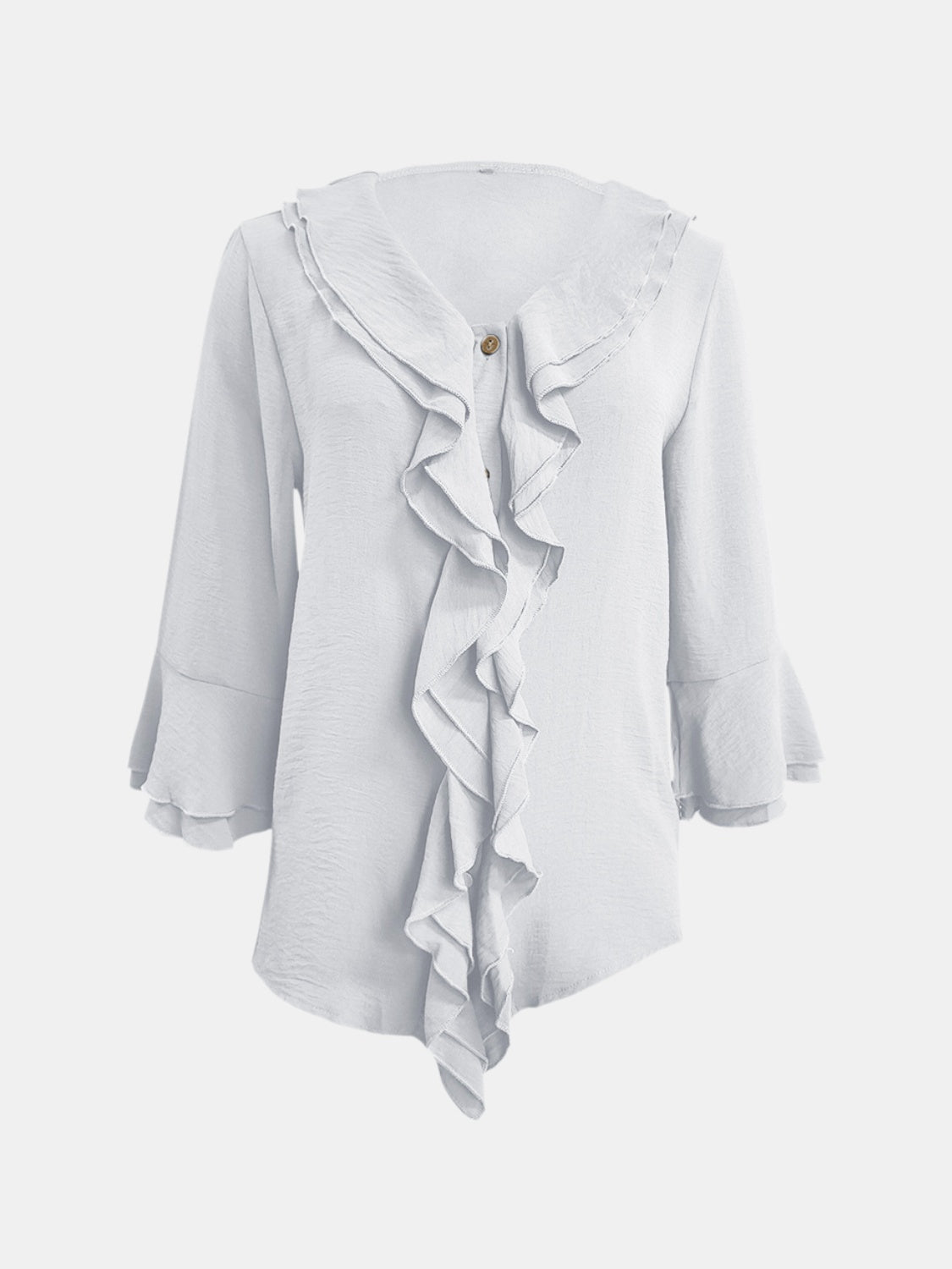 White linen blouse with ruffled neckline and flared sleeves