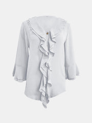 White linen blouse with ruffled neckline and flared sleeves