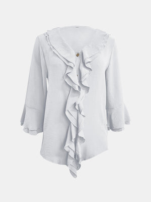White linen blouse with ruffled neckline and flared sleeves
