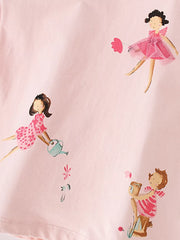 Pink cotton toddler tee with ballet dancer and garden illustrations.