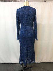 Navy blue lace long sleeve midi dress with a mermaid hem.