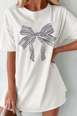 White oversized tee with a grey striped bow graphic.